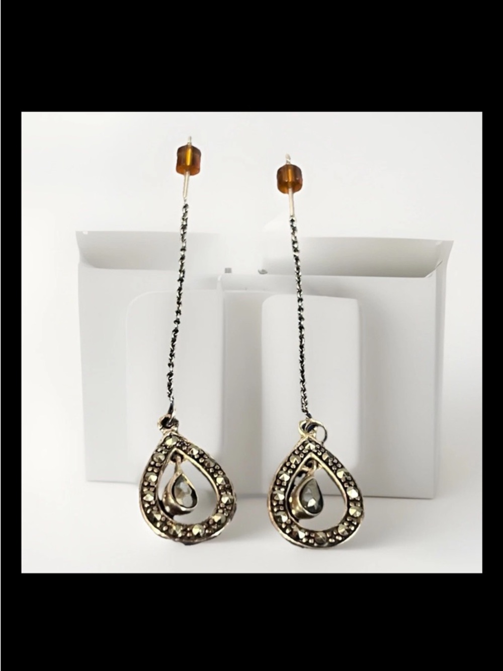 Woman’s Sterling Silver Dangle Earrings 925A Vintage Marcasite Chain Drop